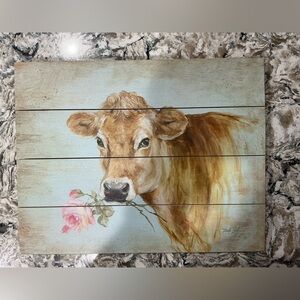 Cow Wall Art with Pink Rose 12” x 9”